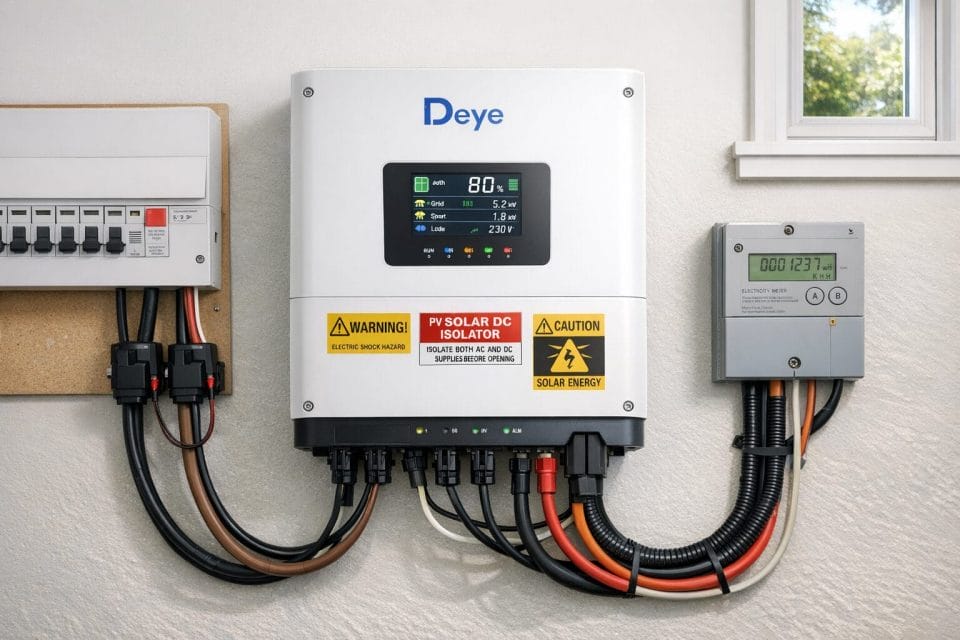 A photorealistic image of a Deye hybrid inverter mounted in a tidy utility room with visible CT clamps on the incoming grid cables near the consumer unit, an energy meter on the wall, and neatly routed solar PV cables. Natural light enters through a small window, and safety labels are legible.