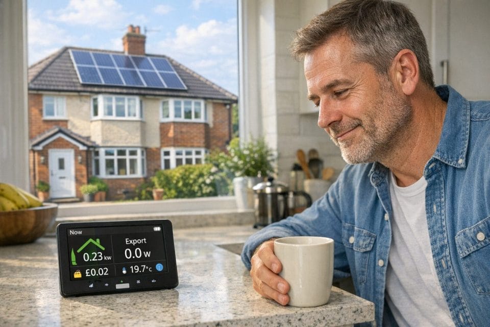 A photorealistic image of a semi detached UK home with rooftop solar panels under mild sunshine, a smart meter In Home Display on a kitchen counter showing near zero export, and a homeowner glancing at it with a cup of tea. The scene is bright and natural with authentic textures.