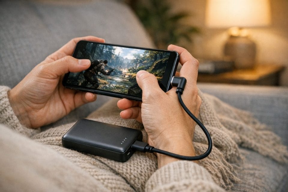 A photo realistic lifestyle scene of a person holding a smartphone in landscape mode while charging with a right angle USB C cable from a compact power bank on a sofa, cosy indoor lighting, realistic hands and modern phone, not AI Generated