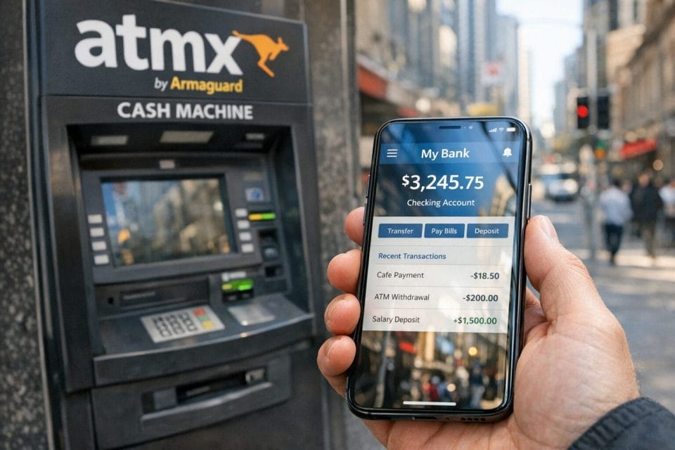 A photorealistic close up of a person holding a smartphone with a banking app open, standing next to a black ATMX cash machine in an Australian city street, with clear branding on the ATM and natural daylight reflections on the phone screen.