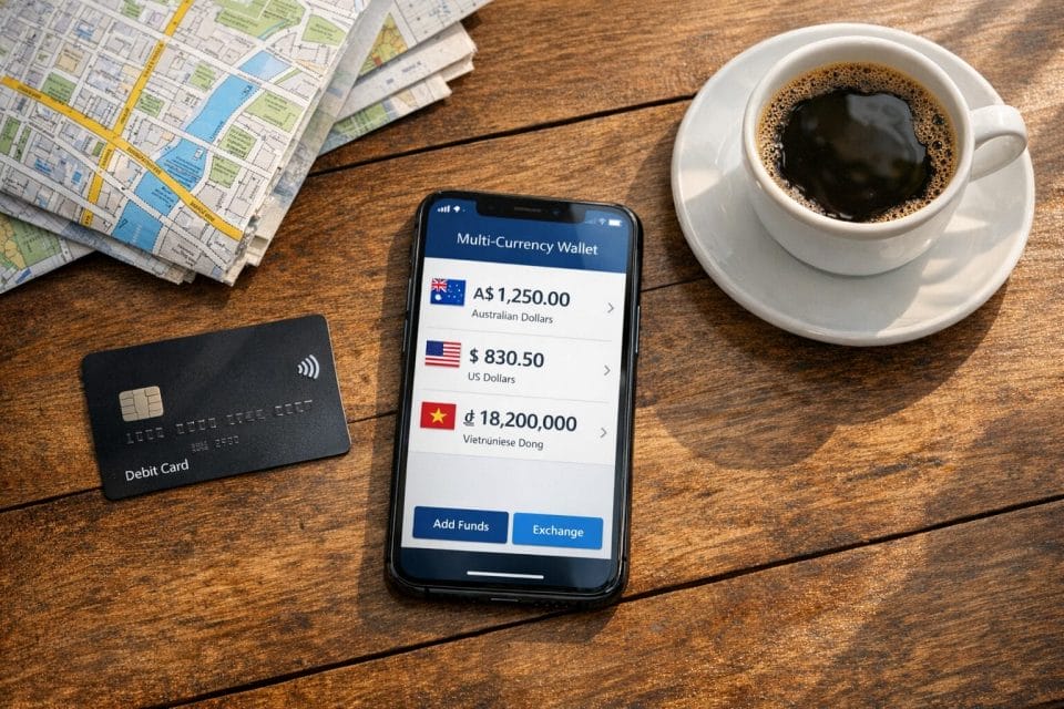 A photorealistic overhead shot of a wooden table with a smartphone displaying a multi currency wallet app showing balances in AUD, USD, and VND, next to a sleek debit card, a paper map, and a cup of coffee in natural window light.