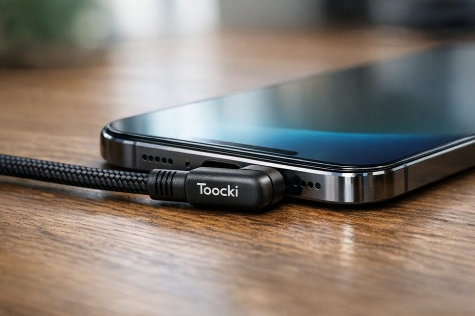 A photo realistic close up of a black Toocki right angle USB C cable plugged into a modern smartphone on a wooden desk, with the connector sitting neatly along the bottom edge of the phone, soft natural window light, shallow depth of field, not AI Generated